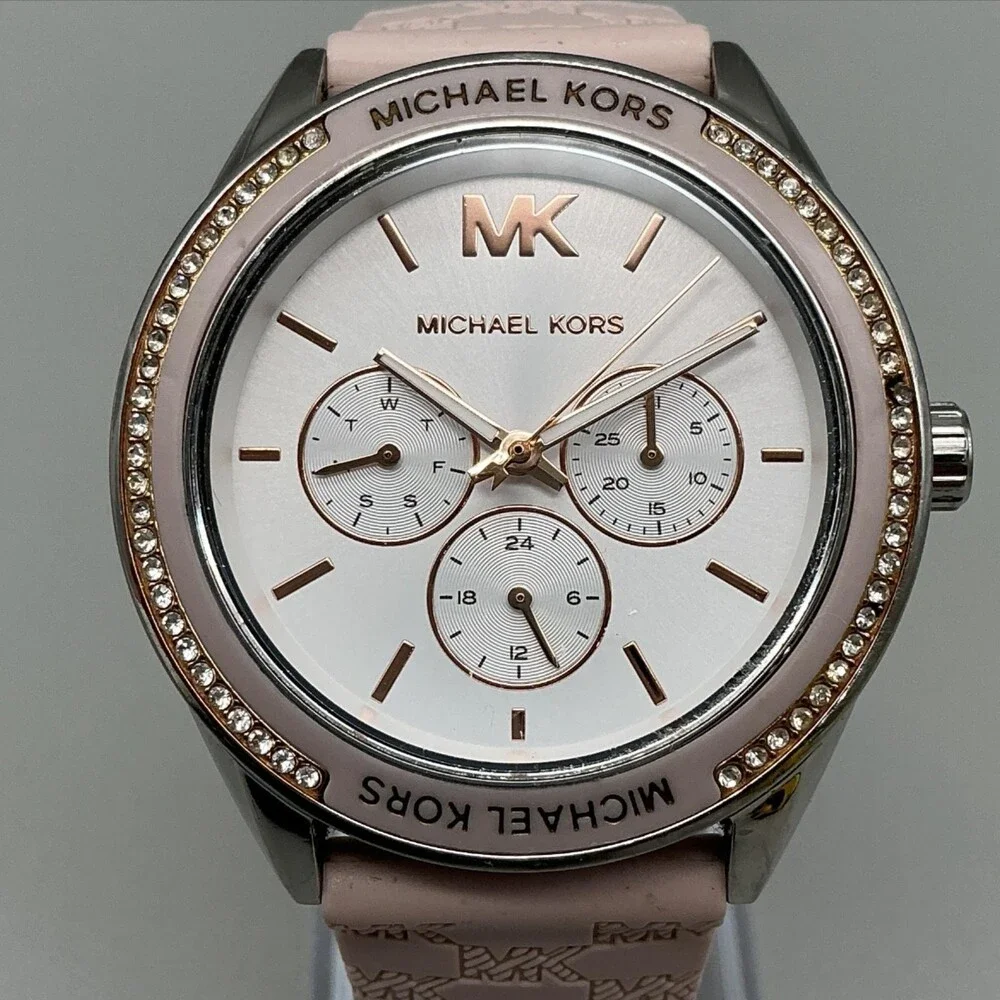 Michael Kors Womens Watch 40mm Silver Tone Pink Crystals Day Date Silicone Band